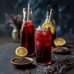 Detox hibiscus and floral herbal iced tea in glass bottles with lemon slices