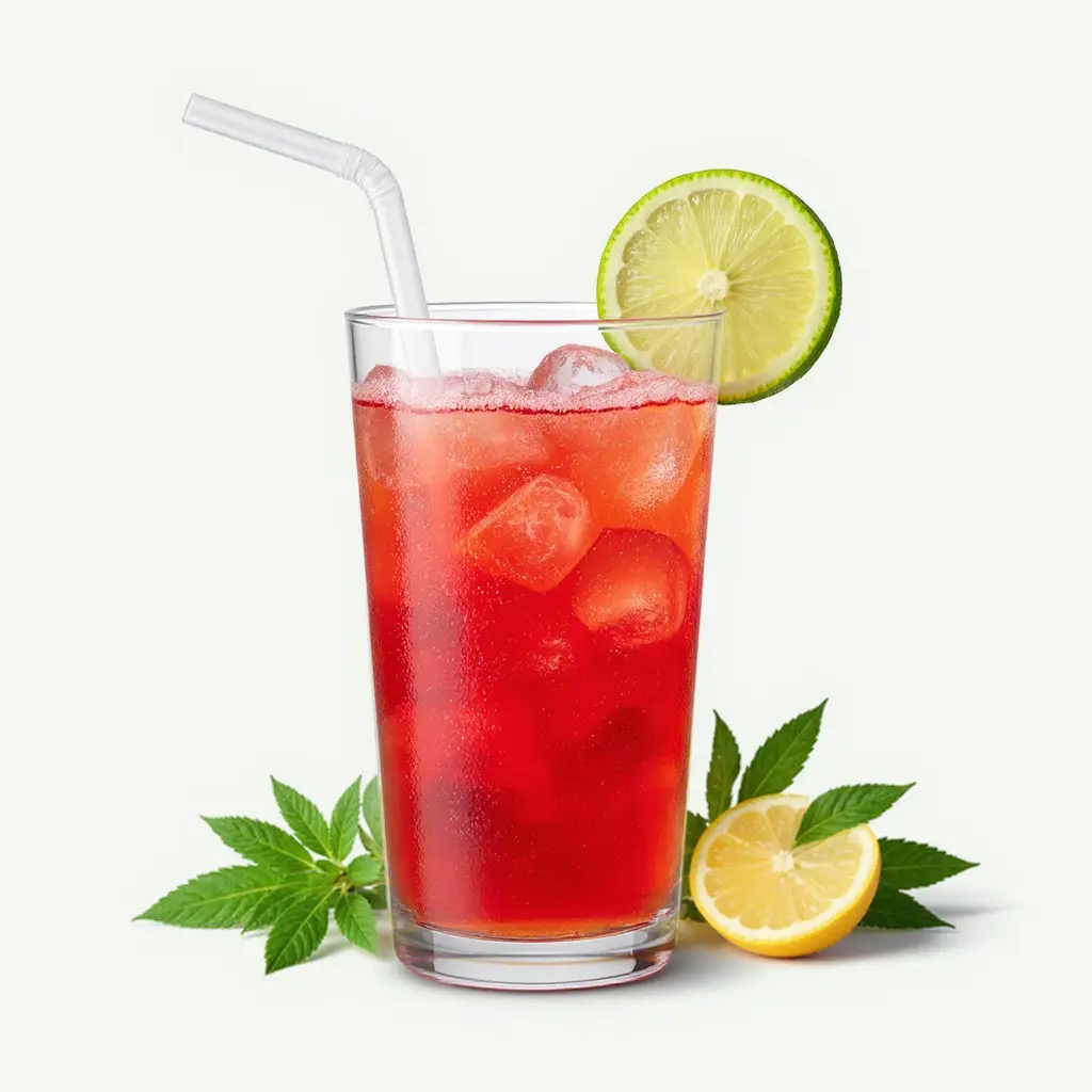 Glass of hibiscus and floral herbal iced tea with lime, garnished with fresh herbs