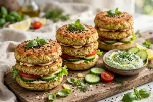 Zucchini chicken bunless burgers layered with lettuce, tomato and cucumber, served with a green yogurt dip