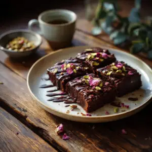 Gluten-free nut brownie squares topped with chocolate drizzle, pistachios and rose petals