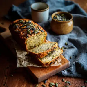 Sliced high-protein gluten-free red lentil bread loaf topped with pumpkin and sesame seeds