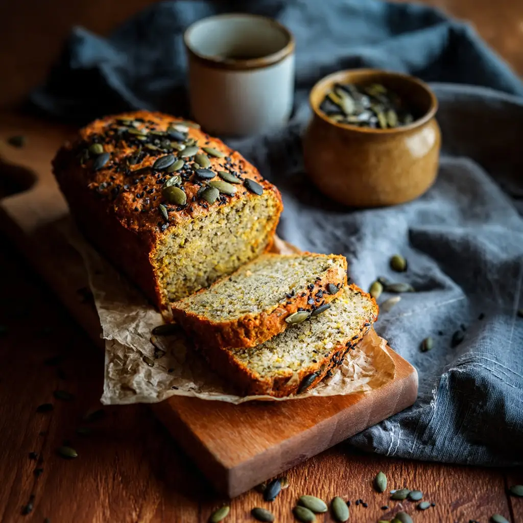 Sliced high-protein gluten-free red lentil bread loaf topped with pumpkin and sesame seeds