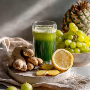 Morning detox booster shot green juice with ginger, lemon, pineapple and grapes