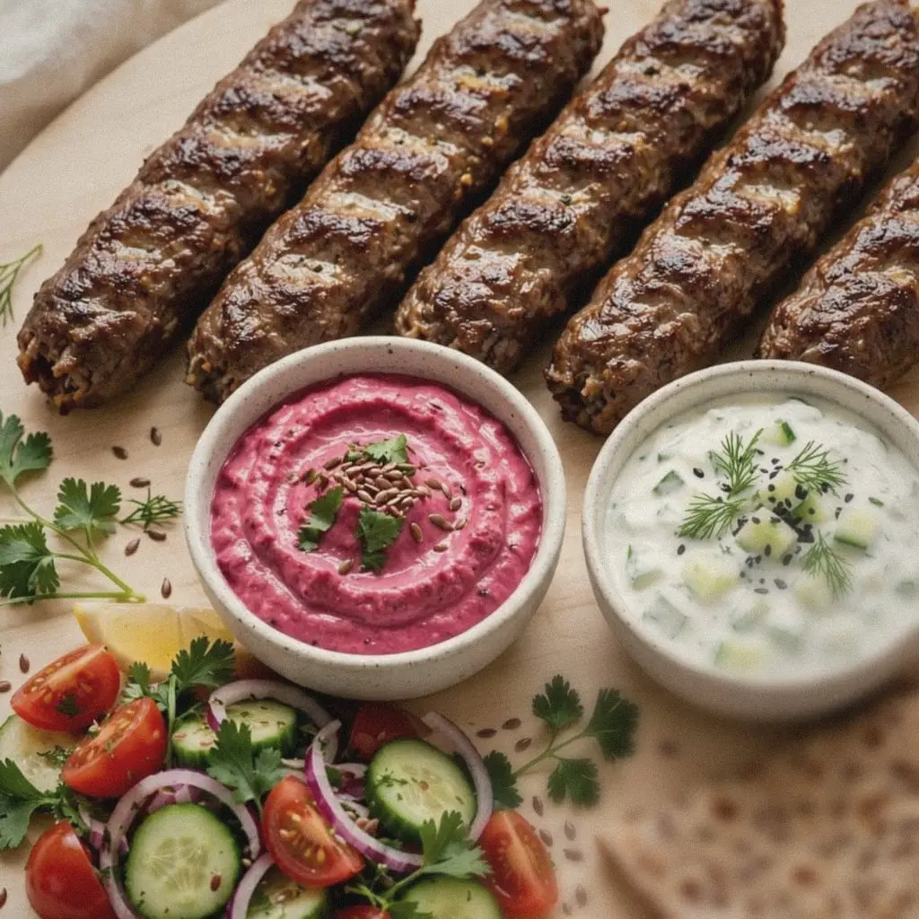 Healthy seekh kebab dinner platter with beetroot dip, cucumber yogurt dip and fresh salad
