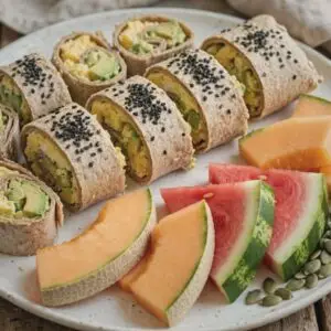 Oat wrap breakfast rolls filled with scrambled egg and avocado, served with cantaloupe and watermelon slices