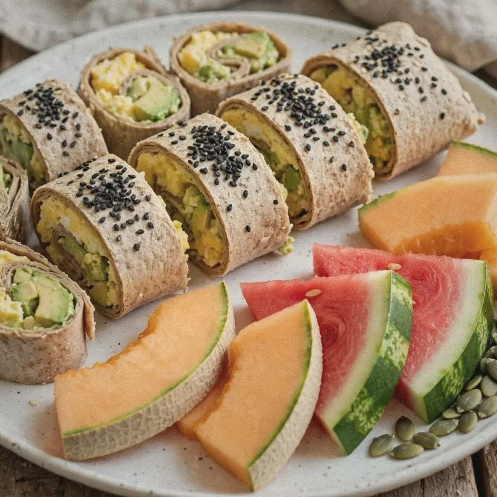 Oat wrap breakfast rolls filled with scrambled egg and avocado, served with cantaloupe and watermelon slices
