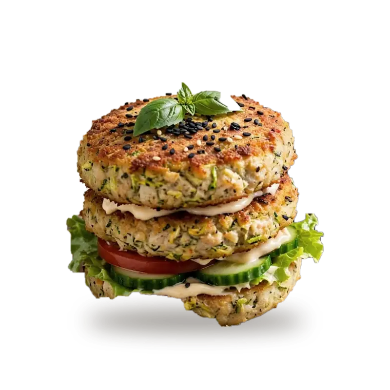 Zucchini chicken bunless burger stacked with lettuce, tomato and cucumber