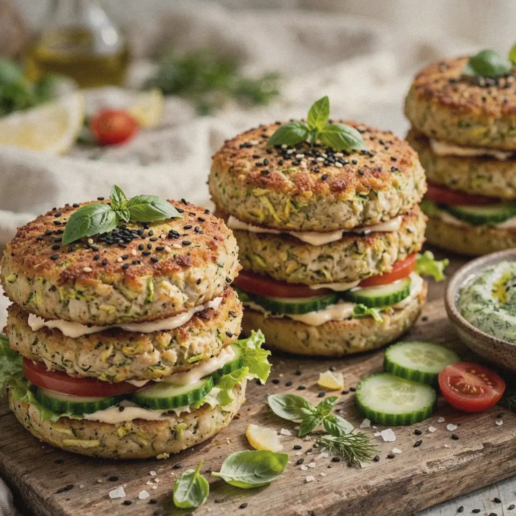 Zucchini chicken bunless burgers with lettuce, tomato and cucumber on a wooden board with green yogurt dip