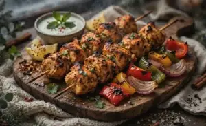 Air fryer chicken tikka skewers with charred edges on a wooden board, served with grilled peppers, red onion, lemon wedges and a mint yogurt dip