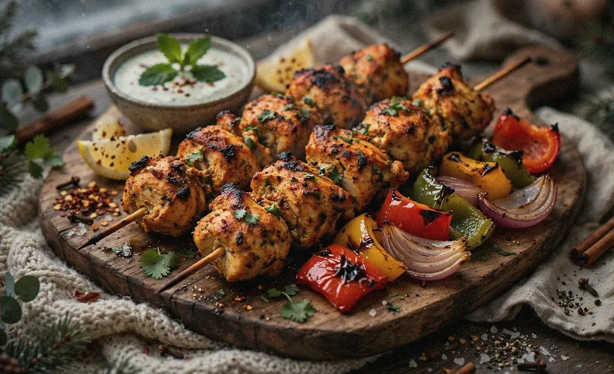 Air fryer chicken tikka skewers with charred edges on a wooden board, served with grilled peppers, red onion, lemon wedges and a mint yogurt dip