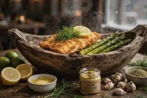 Crispy air fryer lemon dill fish fillet with roasted asparagus, fresh dill and lemon served in a rustic wooden boat with Dijon mustard and garlic