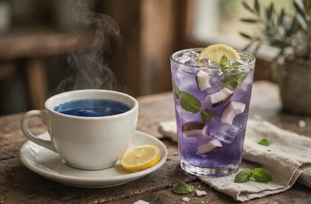 Hot blue butterfly pea tea in a white cup next to an iced purple butterfly pea and coconut water cooler with mint, lemon and fresh coconut