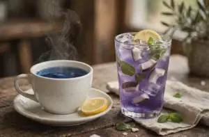 Hot blue butterfly pea tea in a white cup next to an iced purple butterfly pea and coconut water cooler with mint, lemon and fresh coconut