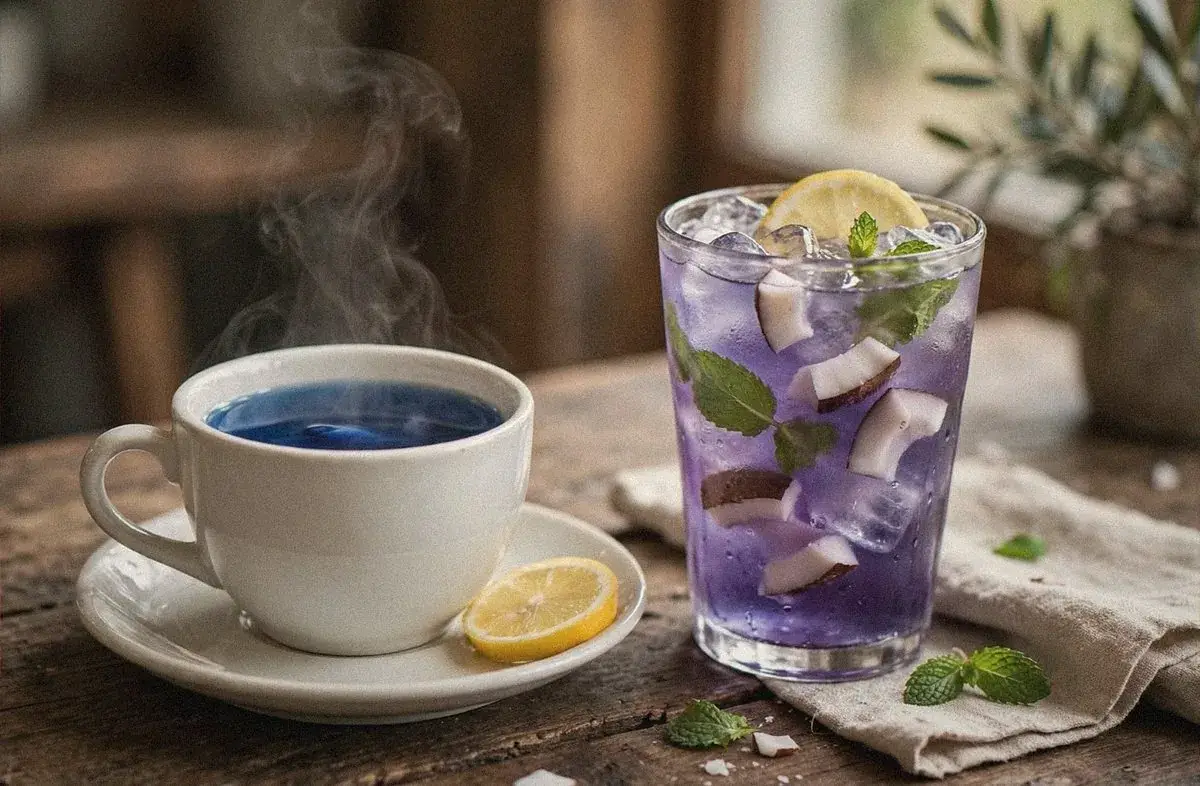 Hot blue butterfly pea tea in a white cup next to an iced purple butterfly pea and coconut water cooler with mint, lemon and fresh coconut