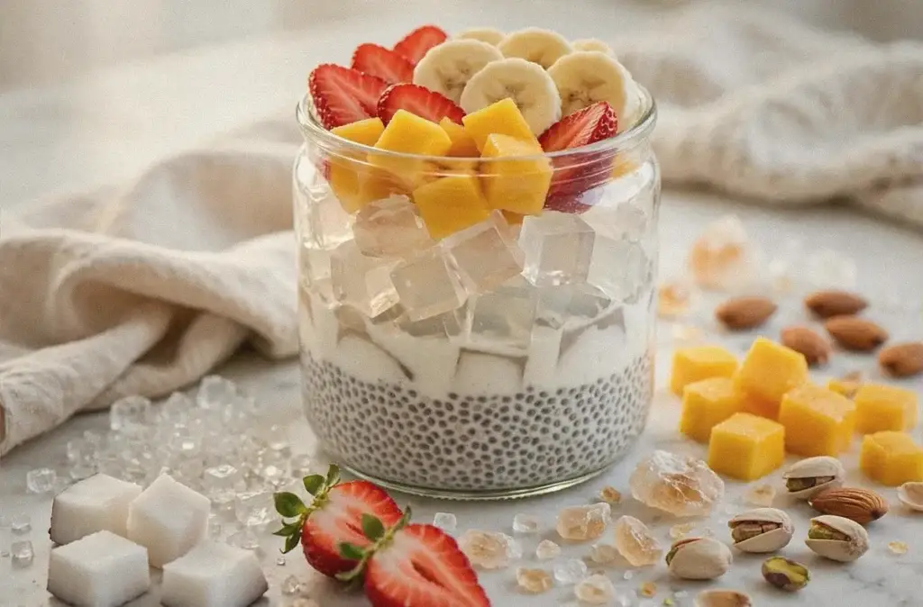 Coconut chia pudding with gond katira jelly in a glass jar, topped with mango, strawberries and banana, with almonds, pistachios and fresh coconut on the side