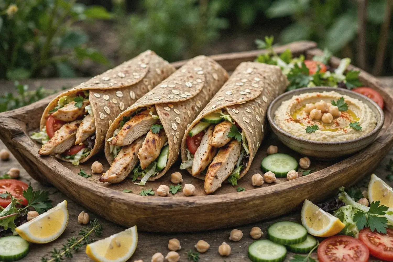 Healthy chicken shawarma wraps in homemade oats chapati with grilled chicken, lettuce, cucumber and tomato, served with hummus and lemon