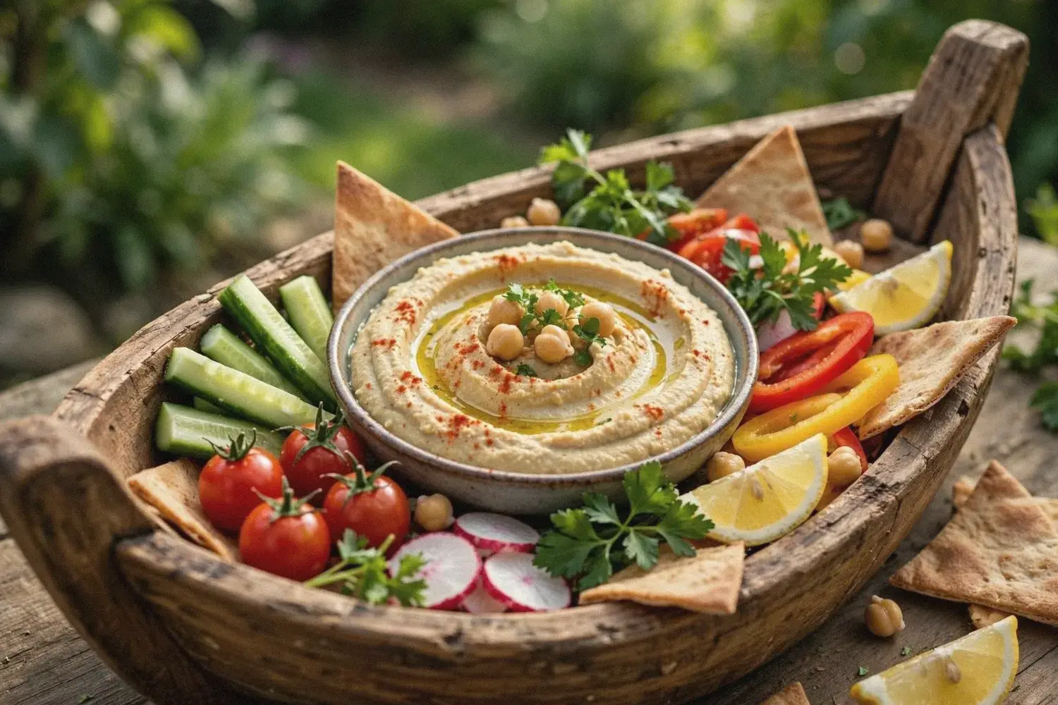 Homemade healthy chickpea hummus with olive oil, paprika and parsley, served with pitta chips, cucumber, tomatoes, peppers and lemon