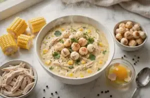 Bowl of high-protein chicken corn soup with shredded chicken, sweetcorn and egg ribbons, topped with roasted makhana and coriander