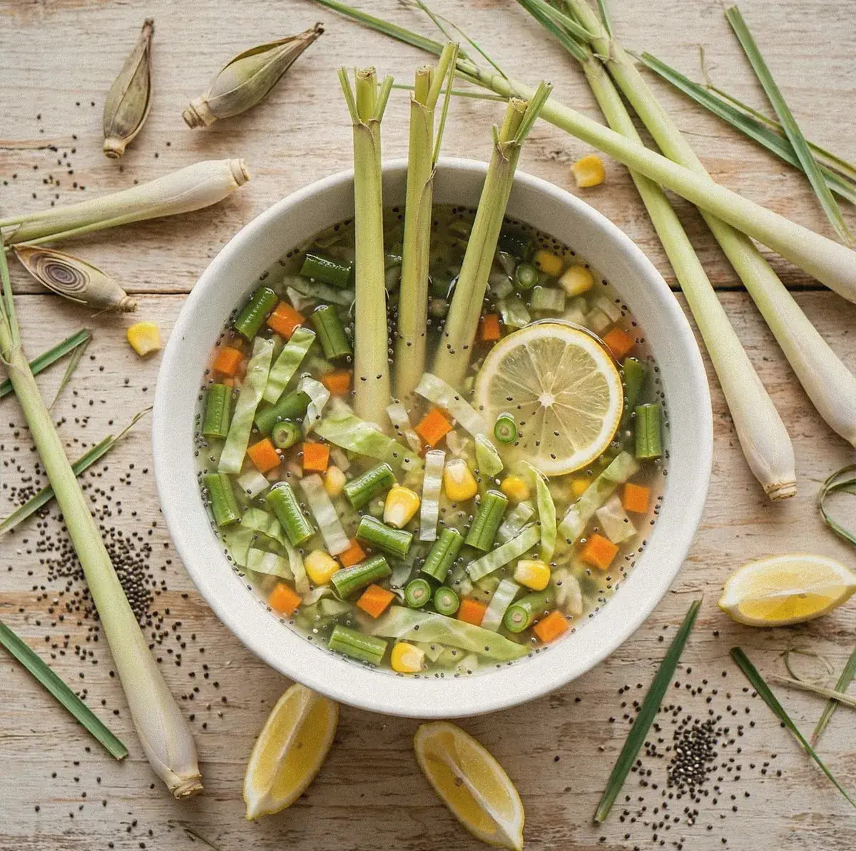 Clear vegetable soup with lemongrass stalks, carrot, green beans, cabbage, sweetcorn, chia seeds and a lemon slice in a white bowl