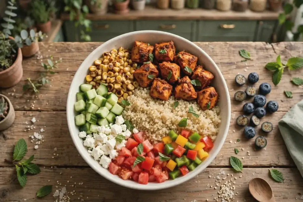 Quinoa protein salad bowl with tikka chicken, crispy corn, cucumber, tomato, peppers and feta on a wooden table