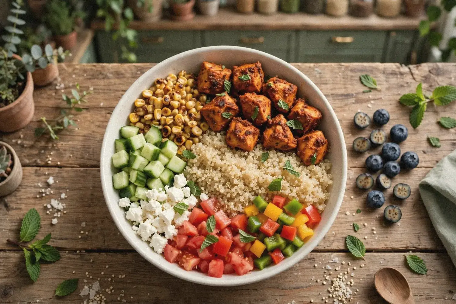 Quinoa protein salad bowl with tikka chicken, crispy corn, cucumber, tomato, peppers and feta on a wooden table
