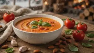 Bowl of creamy roasted tomato soup with fresh basil and olive oil, surrounded by tomatoes, almonds and garlic on a wooden table